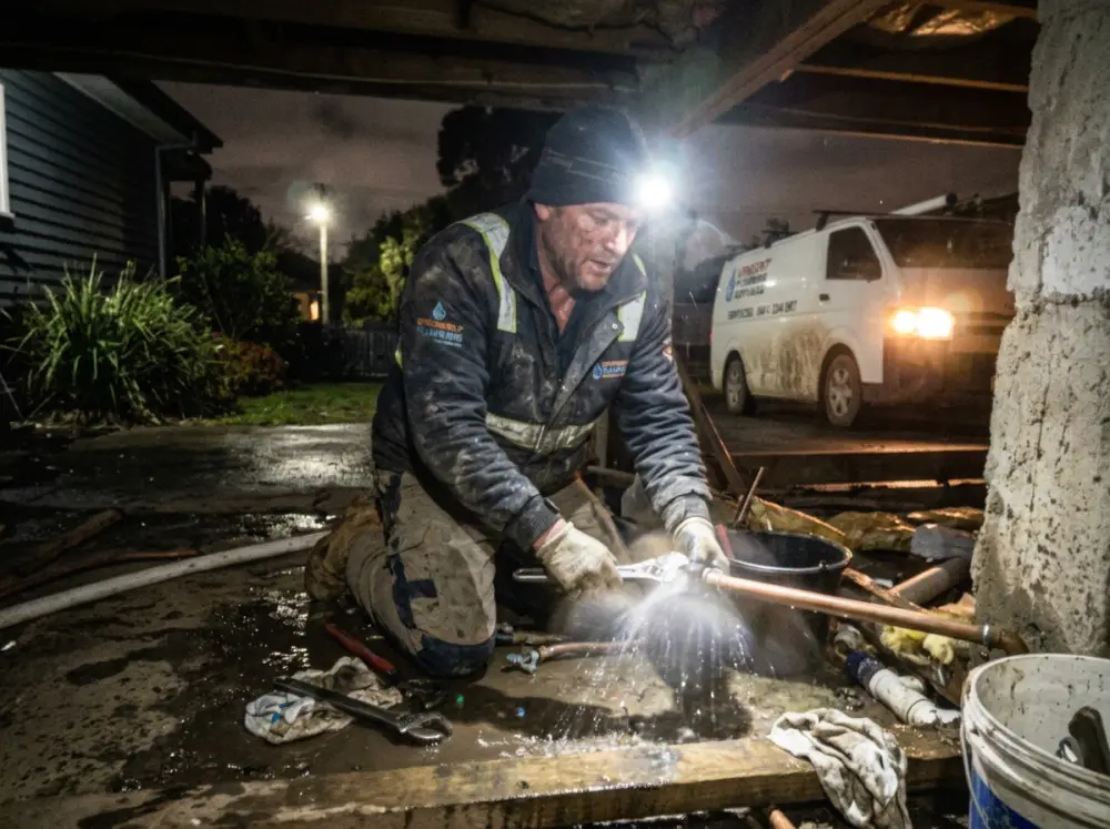 Emergency plumber attending a burst pipe in Gledswood Hills