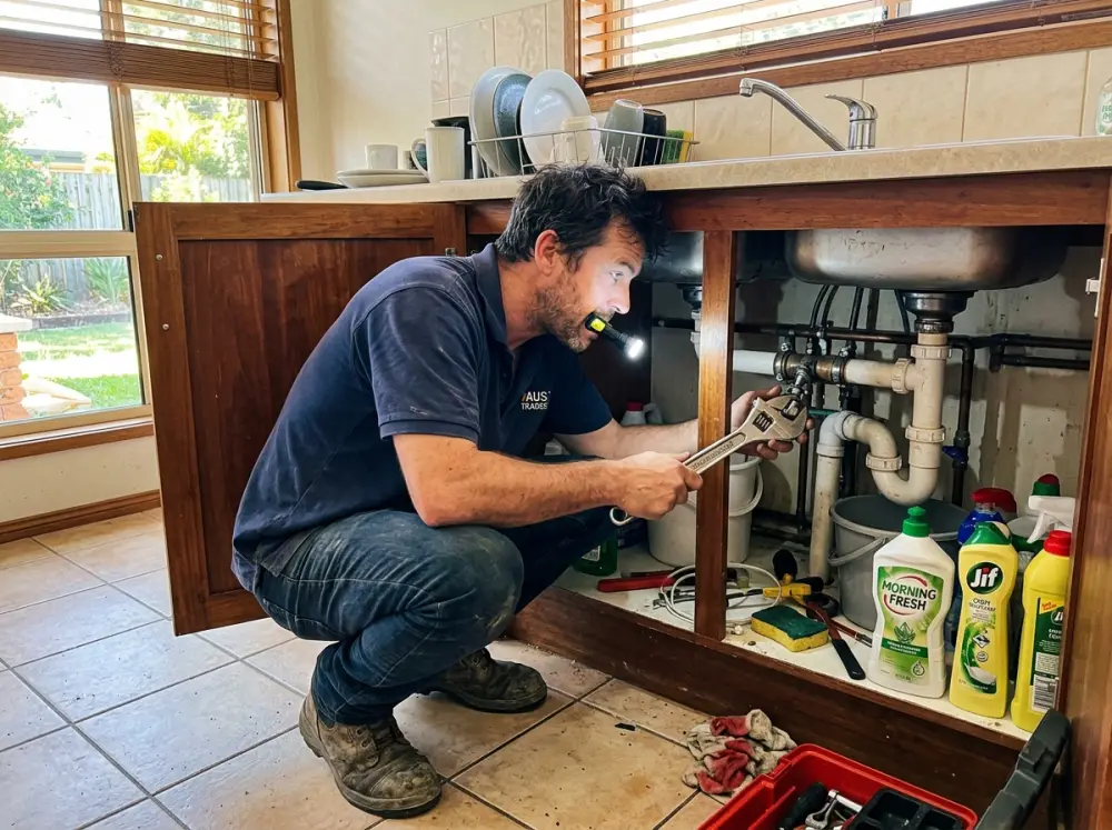 Licensed plumber Gledswood Hills fixing pipes under a kitchen sink